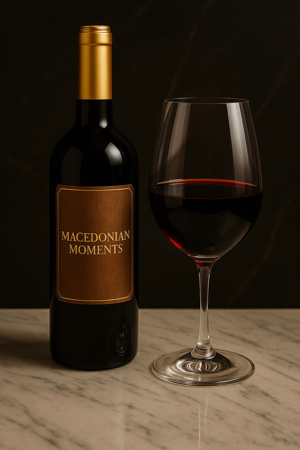 Bottle of red wine labeled Macedonian Moments